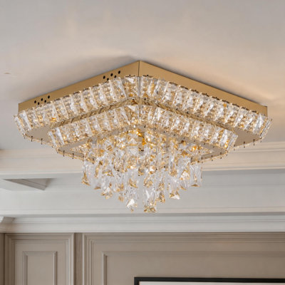 18-Inch Dimmable Square Tiered Crystal LED Flush Mount Ceiling Light with App and Remote Control, Gold