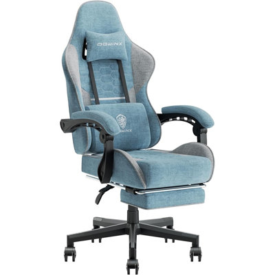 Dowinx Gaming Chair Fabric with Pocket Spring Cushion, Massage Game Chair Cloth with Headrest, Ergonomic Computer Chair with Footrest 290LBS, Blue and Grey