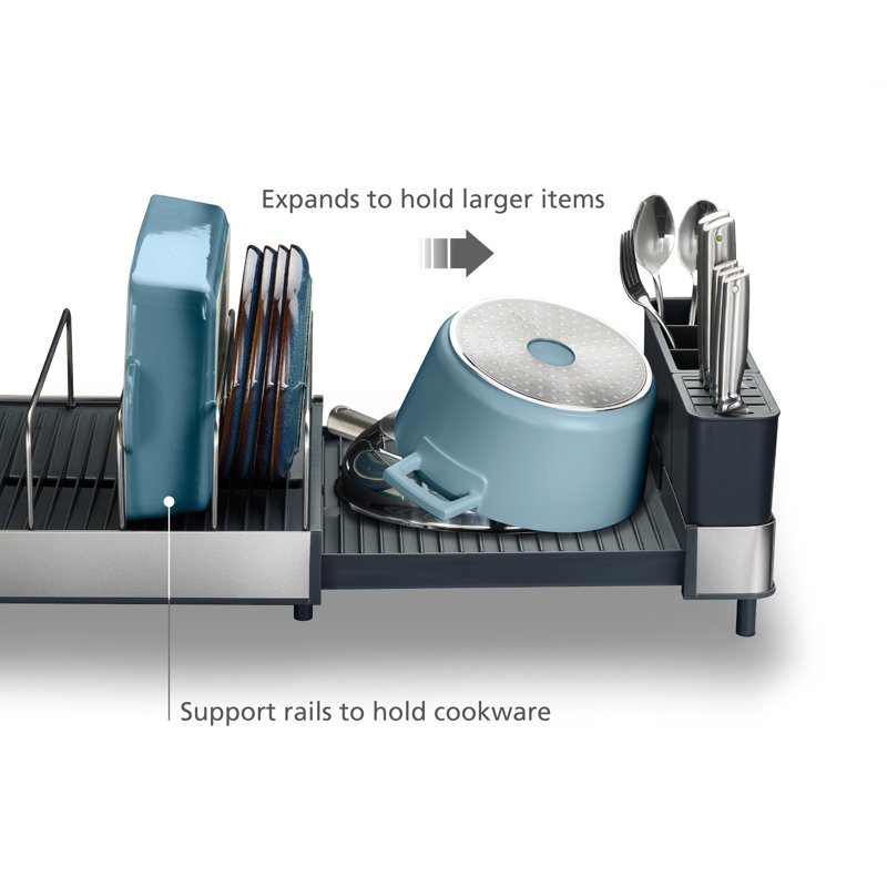 Steel Expanding Dish Rack with Utensil Cup and Draining Spout