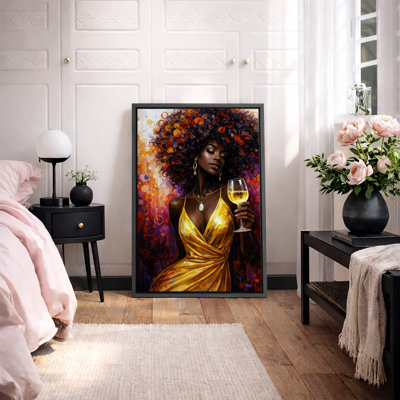 «Vibrant Afro Woman» avec verre de vin, art de portrait coloré, photos de salon, impression sur toile encadrée
