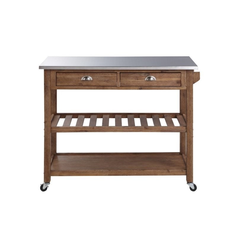  Chariot de cuisine en bois de grange à 2 tiroirs avec roulettes, Brown, 35.5" H x 44" W x 20.5" D