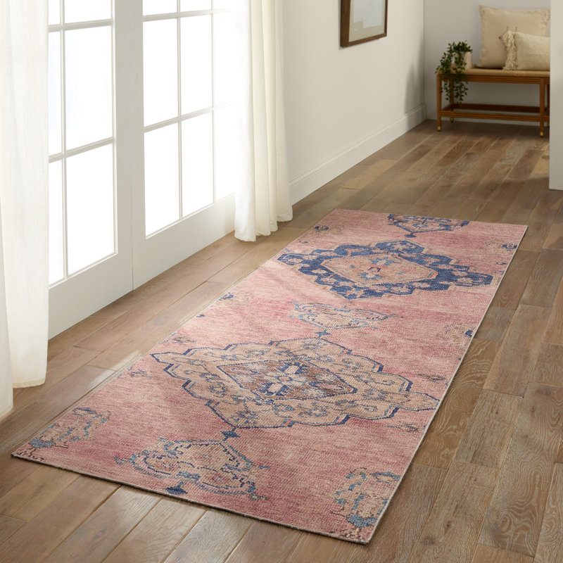 Machine Washable Pink/Blue Rug, Runner 2' x 6'