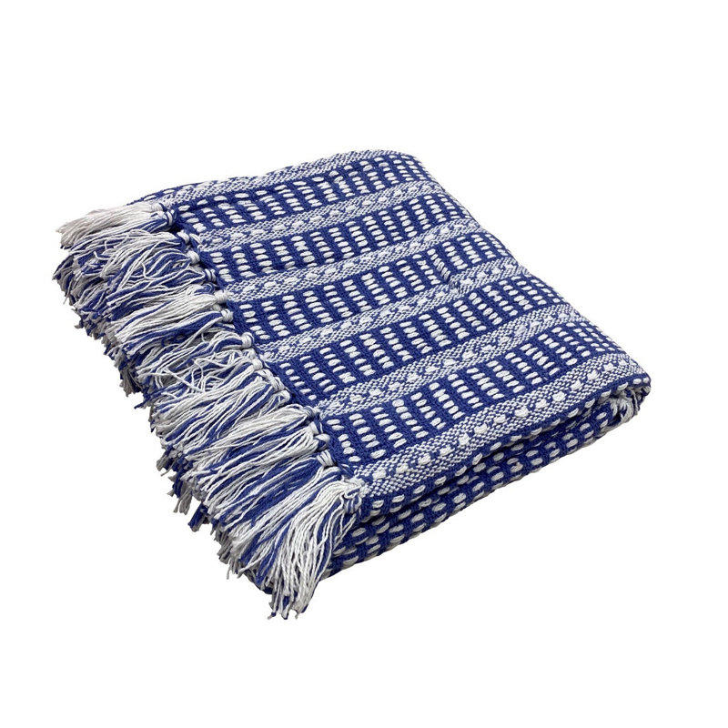 Chic Navy and White Striped Fringed Organic Cotton Throw, 50" x 60"