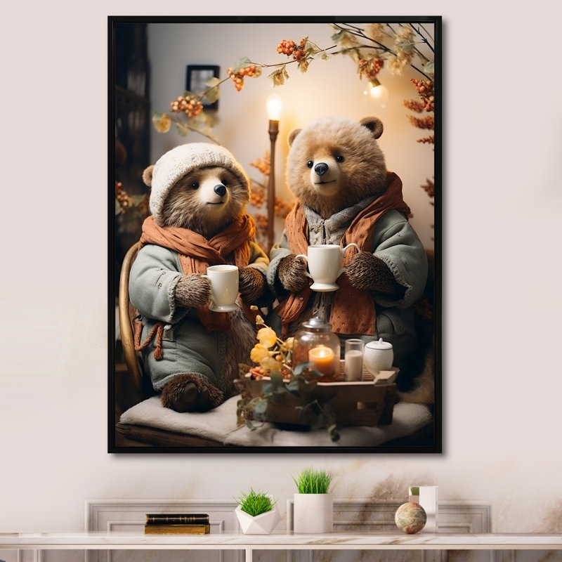 «Brown Winter Nursery Wonderland Bears I», art mural ours en peluche, Cadre flottant noir, H 32 po x l 24 po