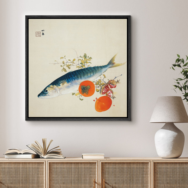 Œuvre japonaise, persimmon, art japonais, H 24 po x l 24 po x P 1,5 po, Cadre flottant noir