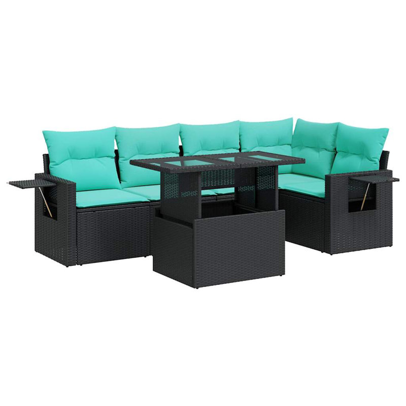 Ensemble de canapés de patio 6 pièces avec coussins en rotin noir et acacia