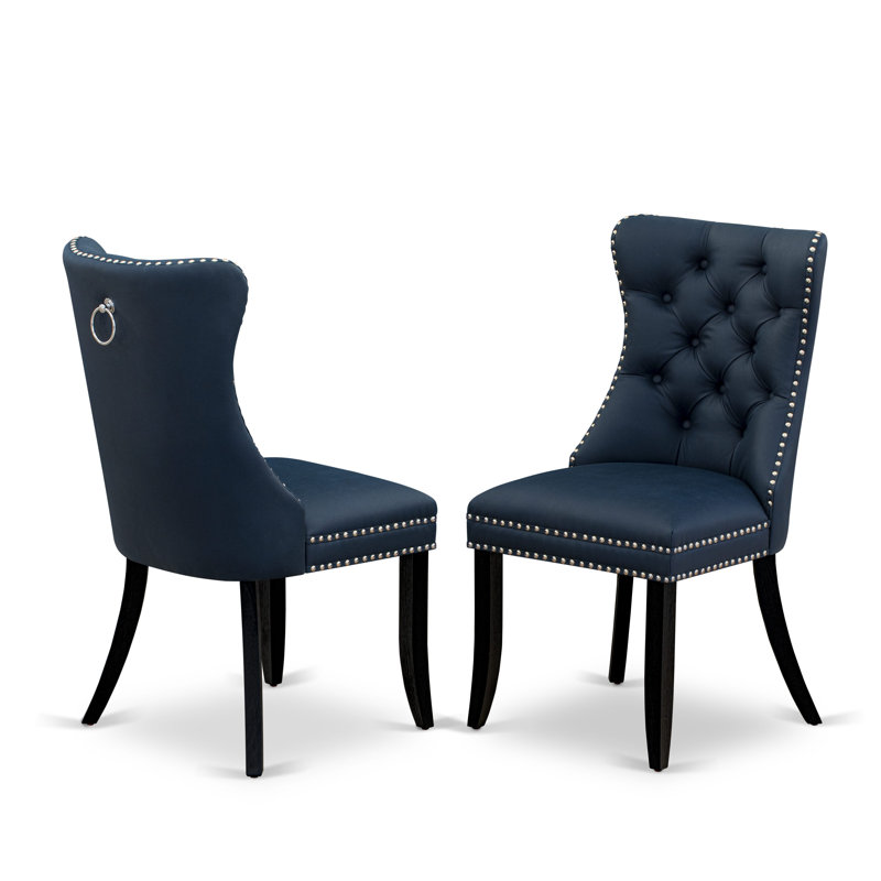 Dallas Parson Kitchen Chairs - Button Tufted Nailhead Navy Blue Polyester Fabric Padded Dining Chairs, Set of 2, Wirebrushed Black