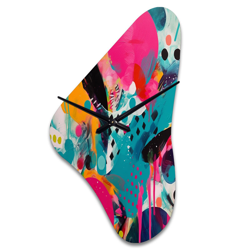 Rose et turquoise abstrait Enigma I - horloges murales asymétriques abstraites en métal, impression d'horloge murale de forme unique rose