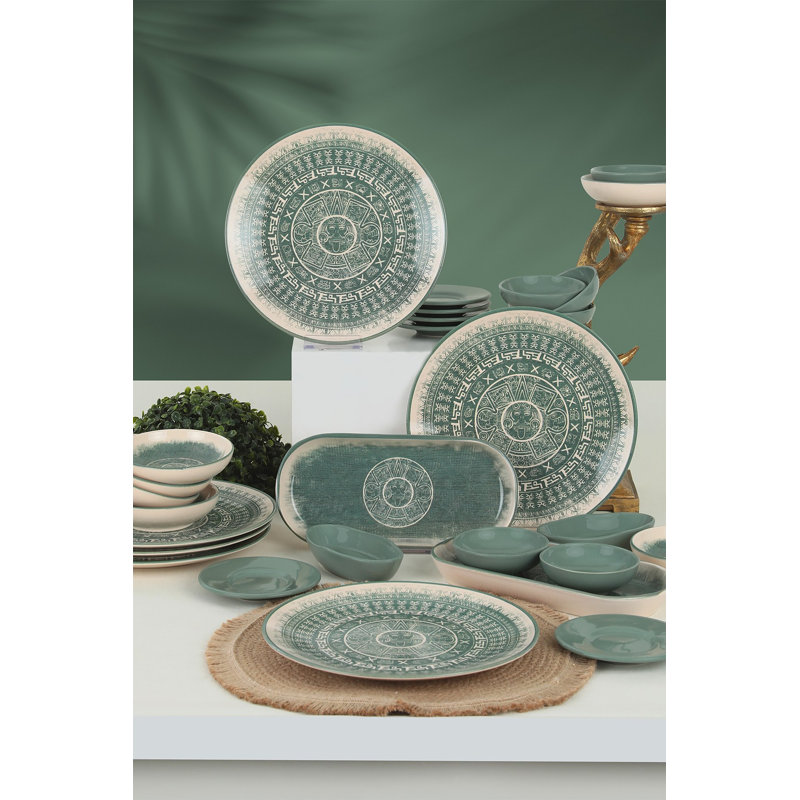 Ensemble de petit déjeuner en céramique de qualité supérieure (28 pièces), antibactérien et facile à nettoyer, vert, blanc et beige | Comprend 6 assiettes plates (10,2 po), 6 soucoupes (5,1 po), 2 assiettes de présentation des aliments (10,2 po), 2 bols (5,5 po et 5,1 po), va au lave-vaisselle et au micro-ondes