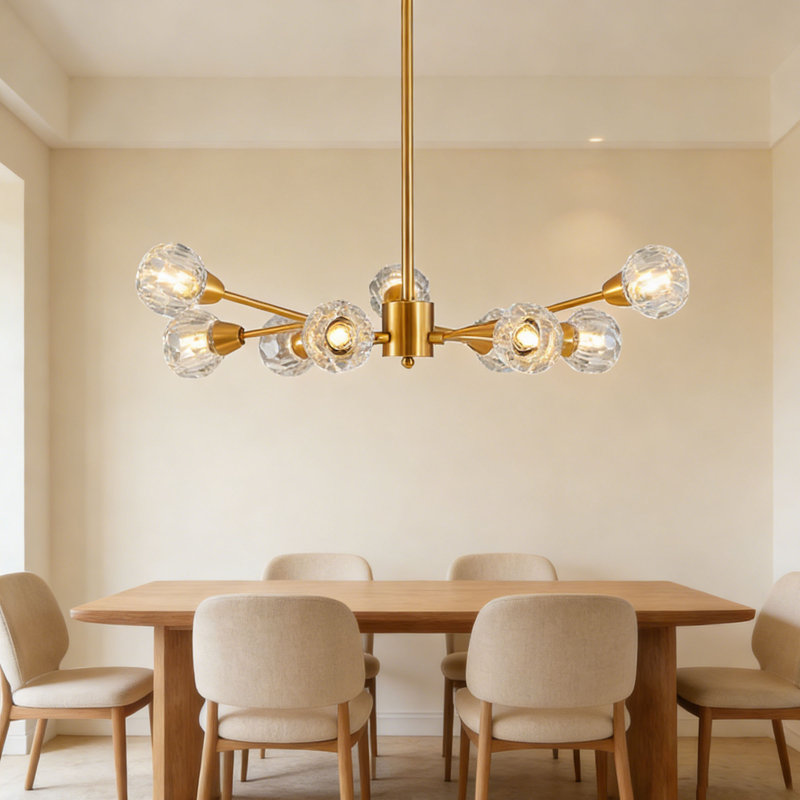 9-Light Modern Gold Linear Chandelier, Mid-Century Crystal Pendant Light Fixture For Kitchen Island, Dining Room, Living Room