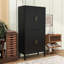 Armoire de cuisine autoportante cannelée avec lumière DEL, étagère en verre, support à vin et tablettes réglables-1620444567