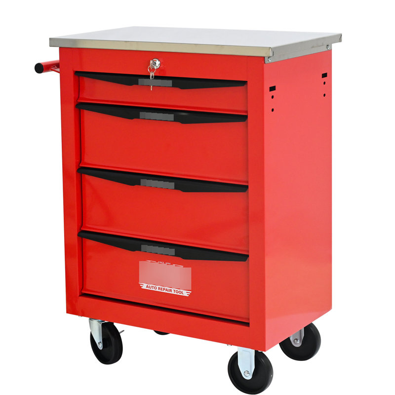 Chariot à outils multifonctionnel à 4 tiroirs rouge et noir avec roulettes et couvercle en acier inoxydable, pour le rangement dans un garage, la fonction de freinage, une poignée à tirer d'un côté, des tiroirs à roulement de charge de 15 kg,