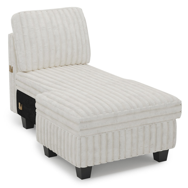 Korian Wide Plush Corduroy Chaise Module of Modular Sofa, Part H Left Chaise & Part I Right Chaise, Beige, Left Hand Facing