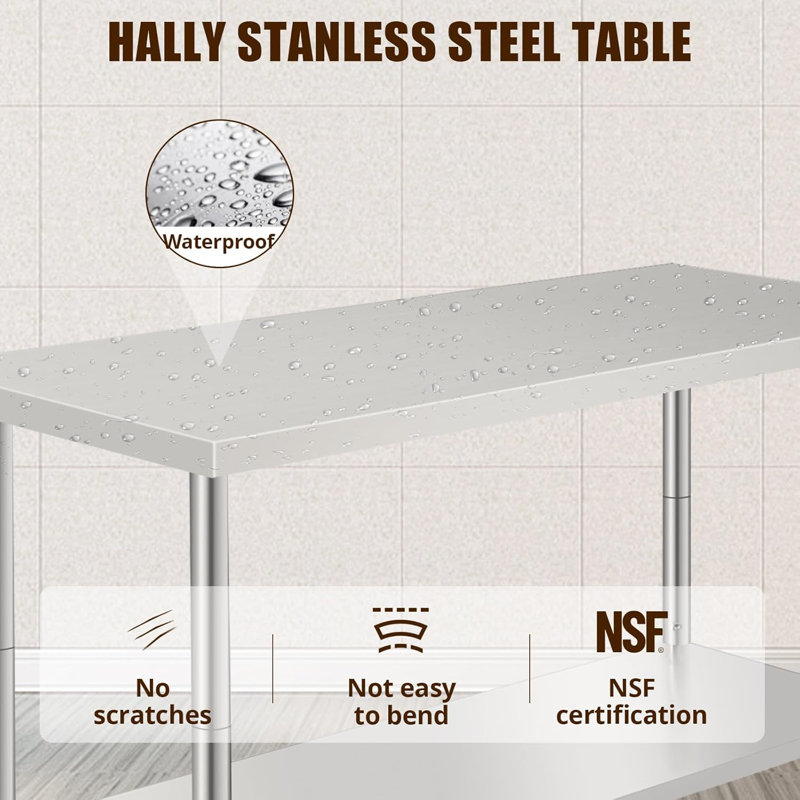 Table de travail en acier inoxydable avec roulettes - Table de préparation commerciale 60 po x 24 po x 35 po avec tablette et dosseret réglables - Établi robuste pour restaurant, cuisine et garage