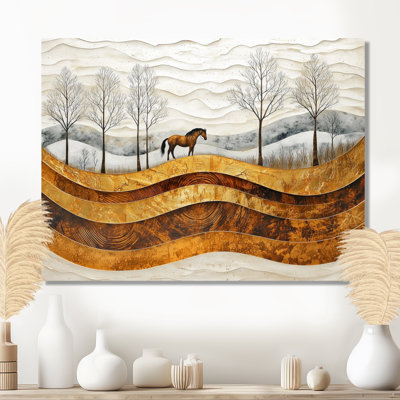 Cheval en bois, lever de soleil de l'horizon, cheval - impression murale en métal