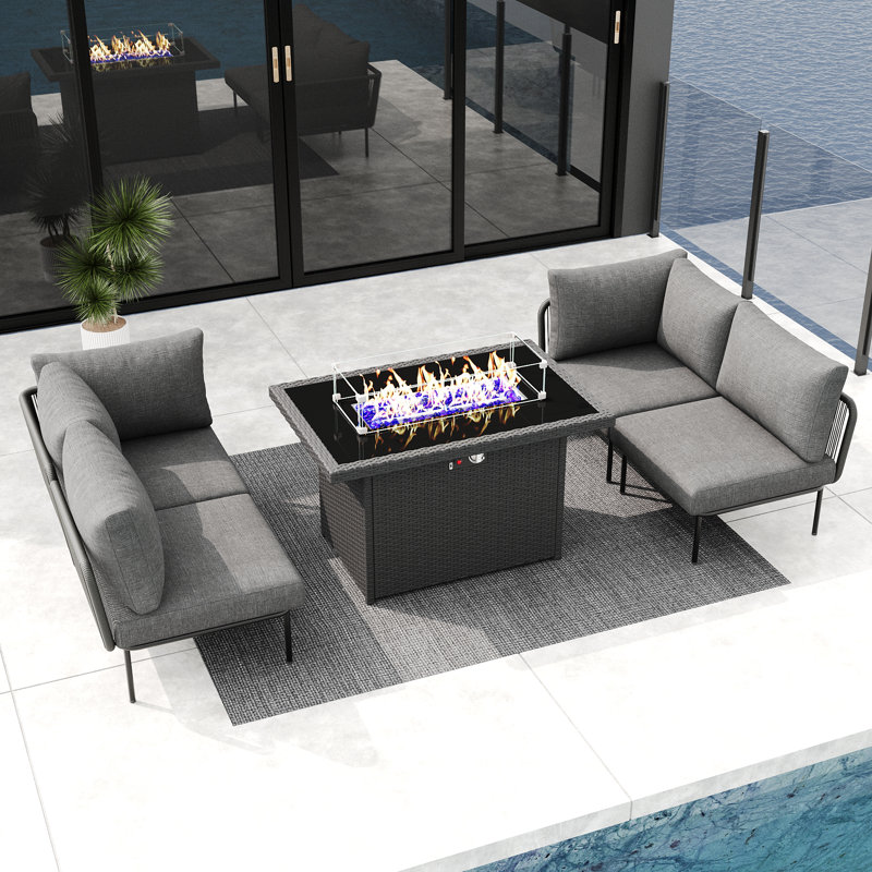 Outdoor Patio Woven Rope Wicker Modular 5 Pieces Sectional Set With Fire Pit Table And Cushions, Dark Gray
