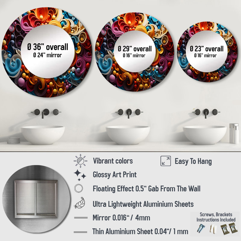 Opt Art Vibrant Illusions I - Op Art Wall Mirror, Modern Decorative Mirror, Printed Metal Art, 29" x 29", Round