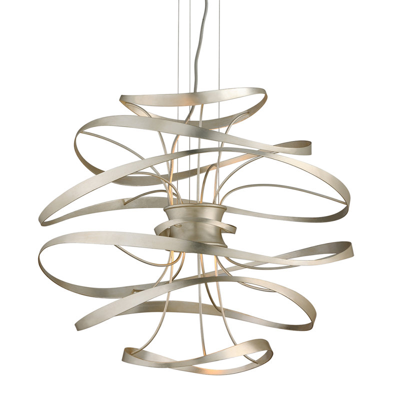 Calligraphy 2 - Light Unique Geometric LED Chandelier, Silver Leaf with Polished Stainless Accents, 16.5" H x 18" W x 18" D