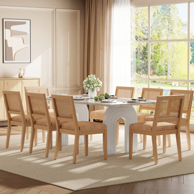 Ensemble de table et de chaises de salle à manger rectangulaires en rotin rembourré, 198 cm (78 po), style ferme mi-siècle, pour coin repas dans la cuisine.