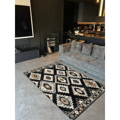 Ikat Black-Beige Ethnic-Themed Woven Base Digital Print Rug