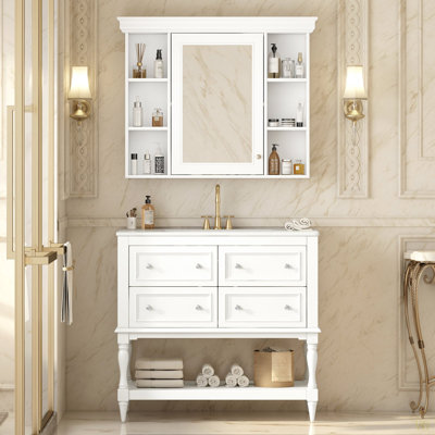 Meuble-lavabo de 36 po avec armoire à pharmacie, armoire à miroir moderne avec tablette réglable, armoire de rangement pour salle de bain à 4 tiroirs, armoire de rangement avec cadre en bois massif