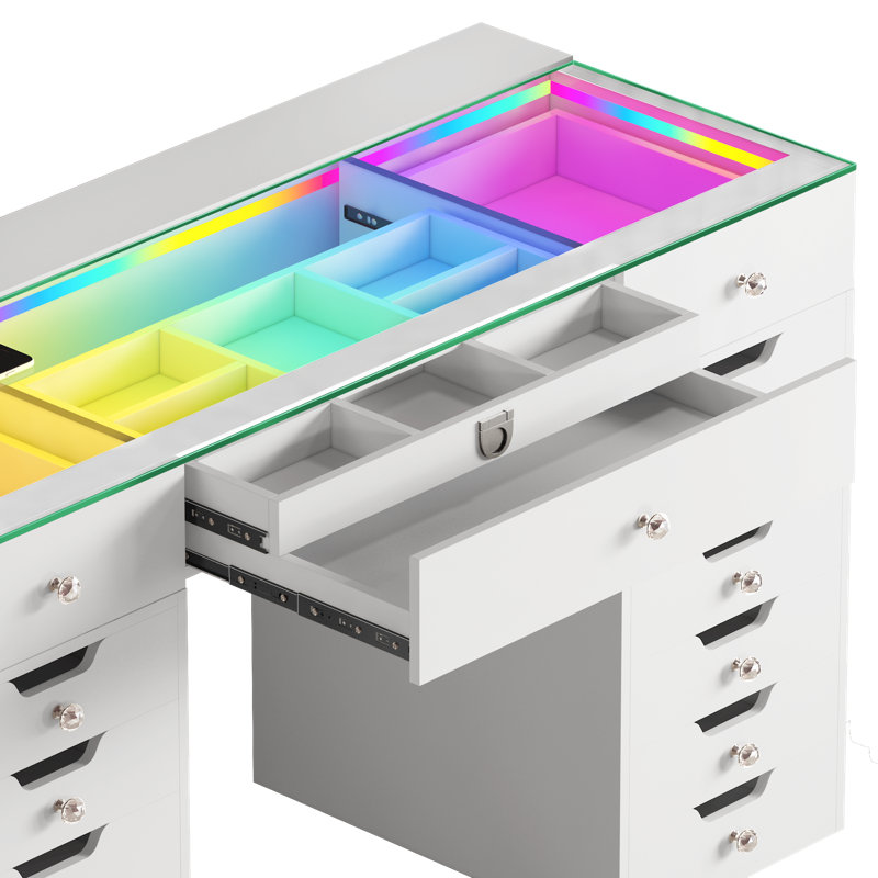 Makeup Vanity HD Glass Top Built-in LED Light Strips Large 15 Drawers Diamond Handles USB and Type-C, White