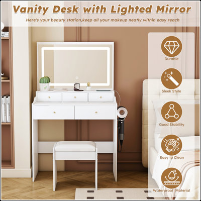 Modern Large Mirror Vanity Desk with Adjustable Lighting, Power Outlet, Hair Dryer Holder, and 5 Drawers for Bedroom