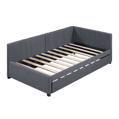 Upholstered Daybed With Trundle Twin Size Sofa Bed Frame No Box Spring Needed, Linen Fabric