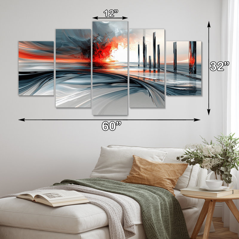 Abstract Swirl In Red And Grey Tones - Abstract Painting Canvas Wall Art Set
