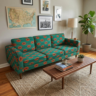 Green Patterned Upholstered Sofa With Solid Wood Frame And Natural Wood Legs(3-Seater)