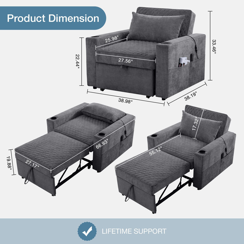 Fauteuil-lit convertible 3-en-1 avec massage et chaleur, Gris