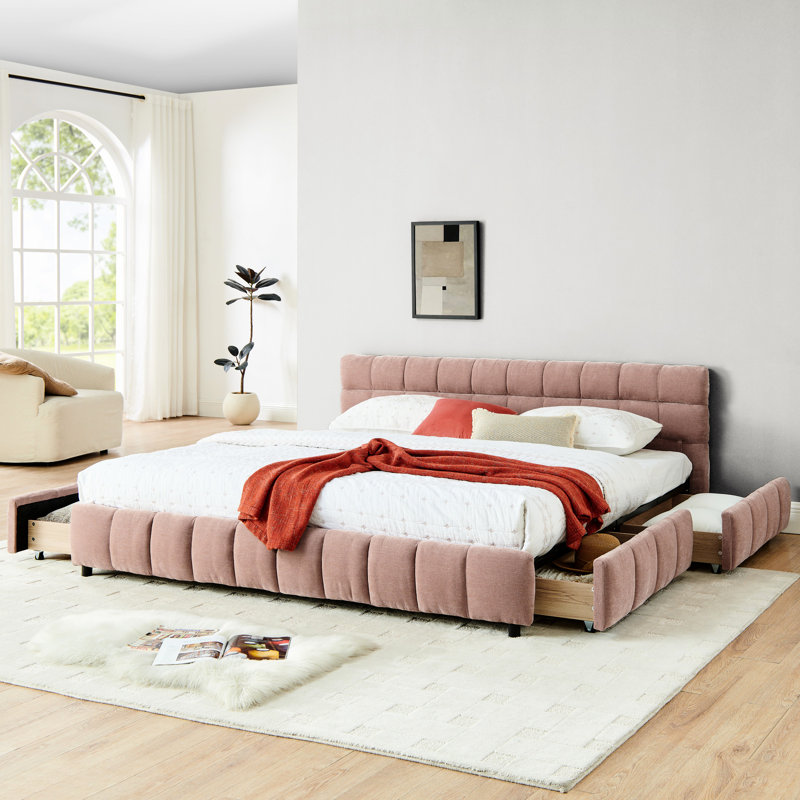 Lit moderne très grand avec tissu en chenille et tiroir rose - style revêtement rembourré, Rose