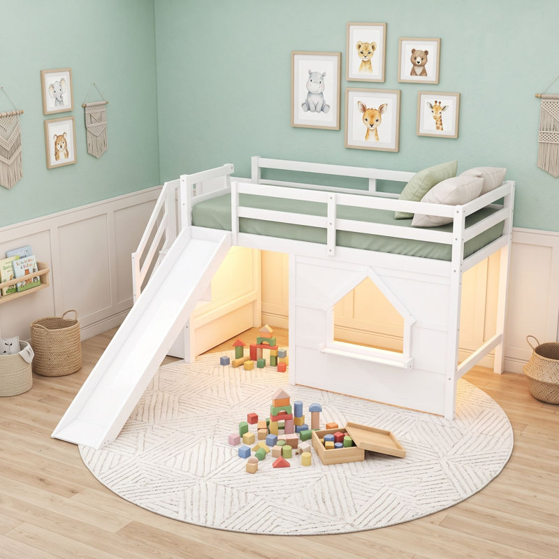 Lit superposé simple au-dessus de simple en bois avec lumières DEL, glissière et escalier de rangement en bois, White