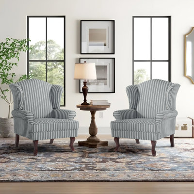 Fauteuil d'appoint à oreilles en lin gris rayé avec accoudoirs roulés et pieds en bois massif Duward (ensemble de 2)