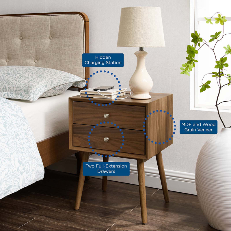 Walnut Wood Mid-century Modern Nightstand with USB Ports