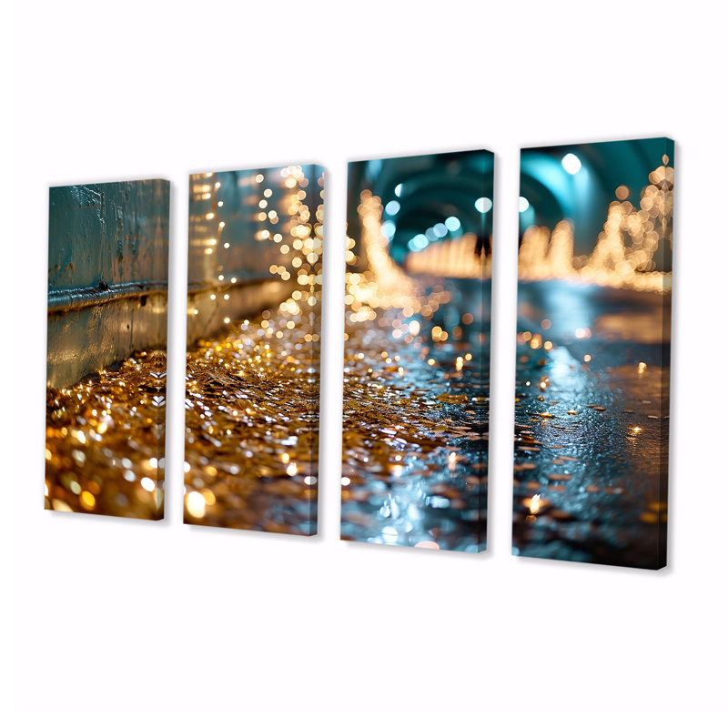 Gouttelettes d'eau, pluie urbaine dans un tunnel urbain - ensemble de décorations murales 4 pièces, H 32 po x l 64 po