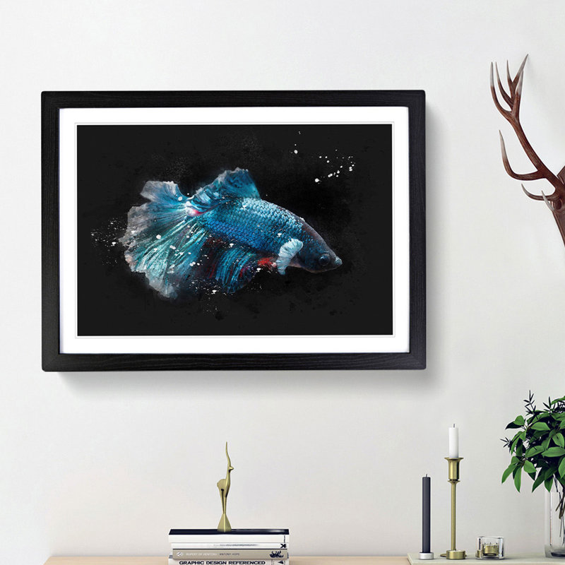 Blue Siamese Fighting Fish - Single Picture Frame Painting on MDF, Black Framed, 62cm H x 87cm W x 2cm D