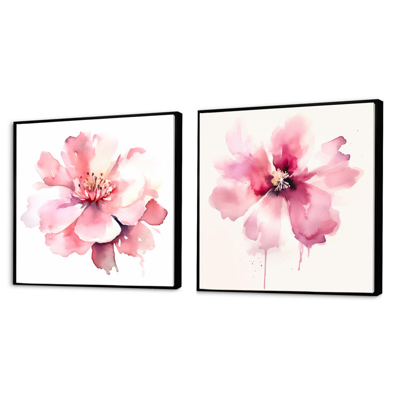 Pétunia rose et bleu sur fond blanc - ensemble de 2 fleurs carrées, Cadre flottant noir, H 16 po x l 33 po