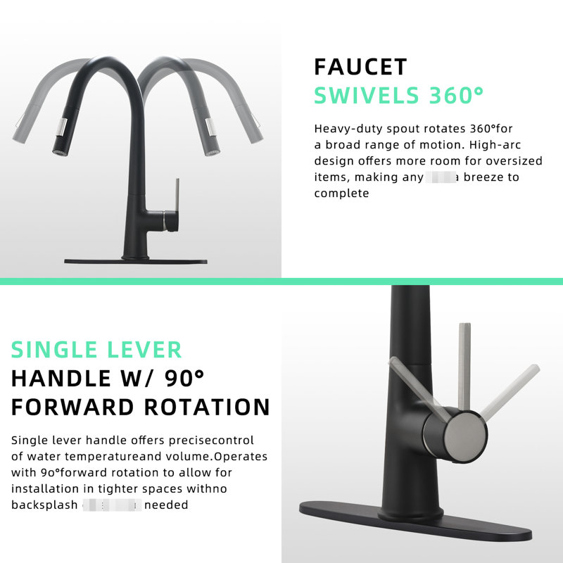 Black Single Handle Pull Out Kitchen Faucet, Contemporary, Ceramic Filler, Brass, With Deck Plate Faucet Out, Contemporary Style, Brass Material,