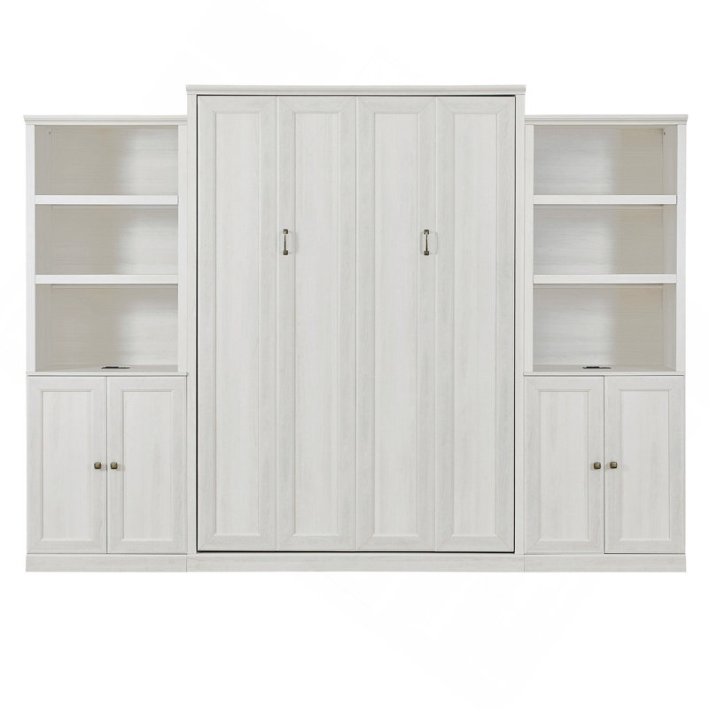Grand lit escamotable semi-fermé et ouvert pour grand lit avec 2 tablettes de rangement latérales pour armoire, lit peu encombrant pour armoire, parfait pour chambre d'amis, chambre à coucher, chambre d'amis, bureau personnel, blanc rustique