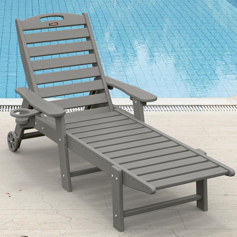 Outdoor Wood Texture Reclining Lounge Chaise With Wheels & Cup Holder, Gray