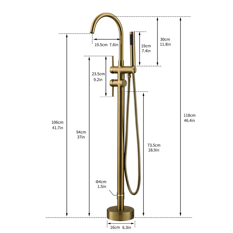 Robinet de baignoire à fixation au sol en or brossé avec poignée à main, robinet en céramique, robinet de douche à conception classique 1 trou, antique