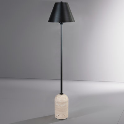 Lampe de table 36 po en travertin naturel, finition en acier noirci avec abat-jour en métal Empire