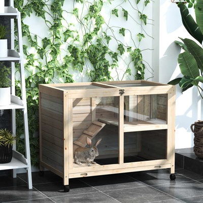 Wood Rabbit With Portable Wheels - Waterproof, Natural, For Small Room Pet Living On Compact Cage Spaces