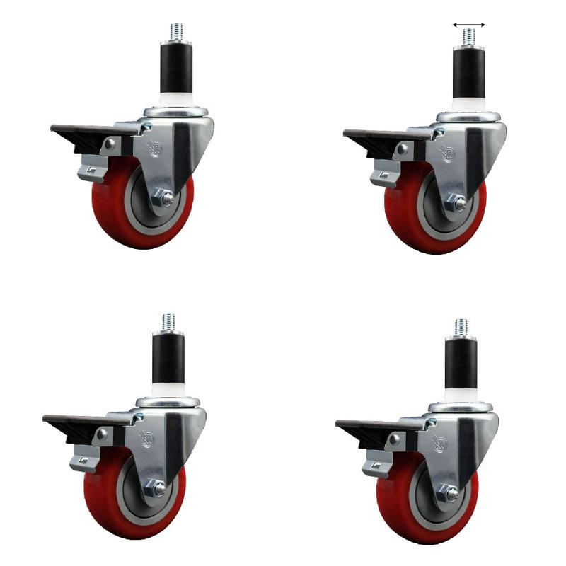 Ensemble de roulettes extensibles en poly pivotant avec frein SCC PLB 3,5 po x 1-3 / 8 po, Rouge