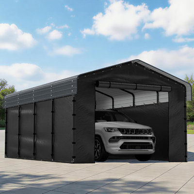 12x20FT Gray Metal Carport, Galvanized Steel Garage with Removable Sidewalls & Doors for Cars Boats
