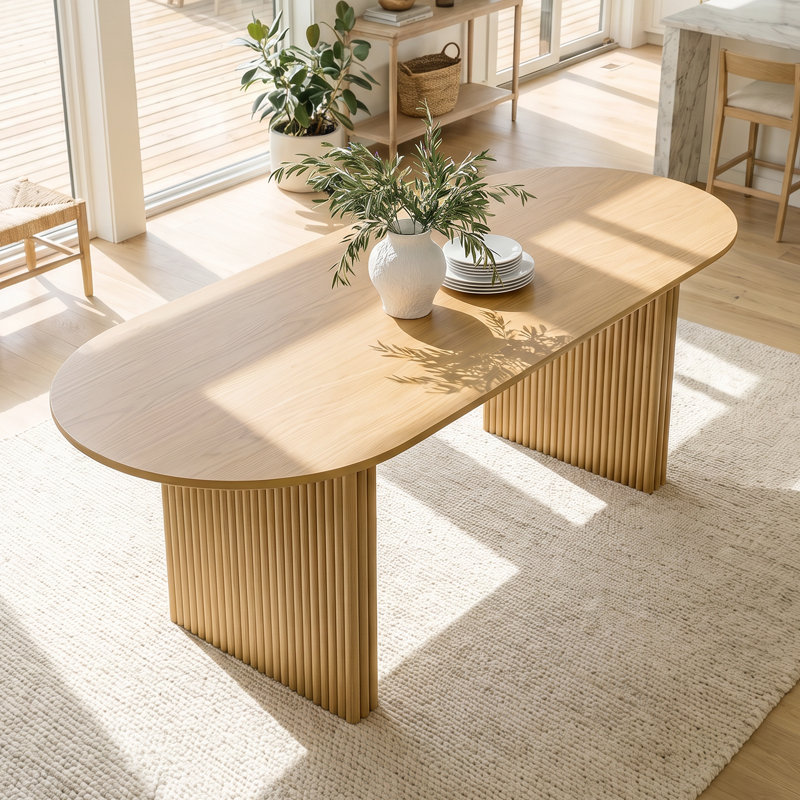 Table de salle à manger ovale moderne de style ferme Bren 79 po avec pied cannelé et fini mat en bois., Chêne