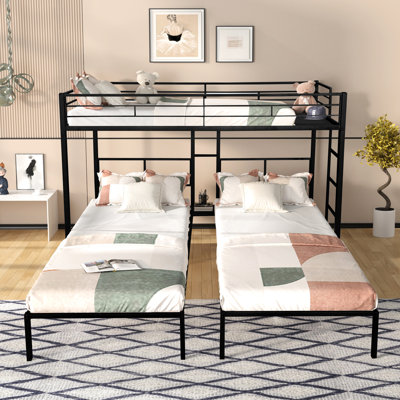 Triple Twin Bunk Bed In Black Metal With Noise Slats, Lower Side Table, Extended Top Bunk, And Full Guardrails For Shared Bedrooms L-shaped Steel Frame, Squeak- Wood Table On Lower, Full Bedroom
