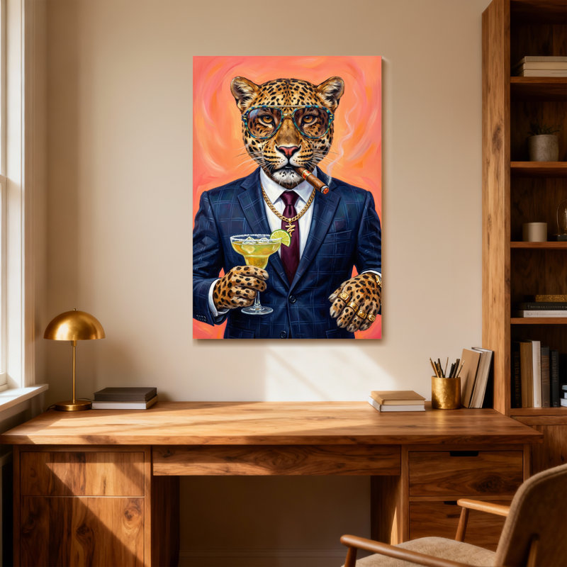 Animaux léopard en costume avec cigare et cocktail, H 36 po x l 24 po