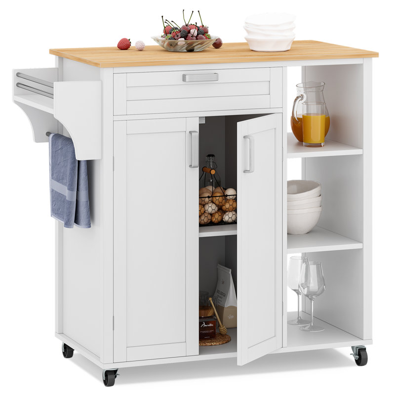 Îlot de cuisine de 34,83 po de largeur avec plateau en bois, Blanc, Brun pâle